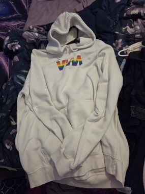 White Hoodie Sweatshirt with Rainbow Logo - Women Sweaters